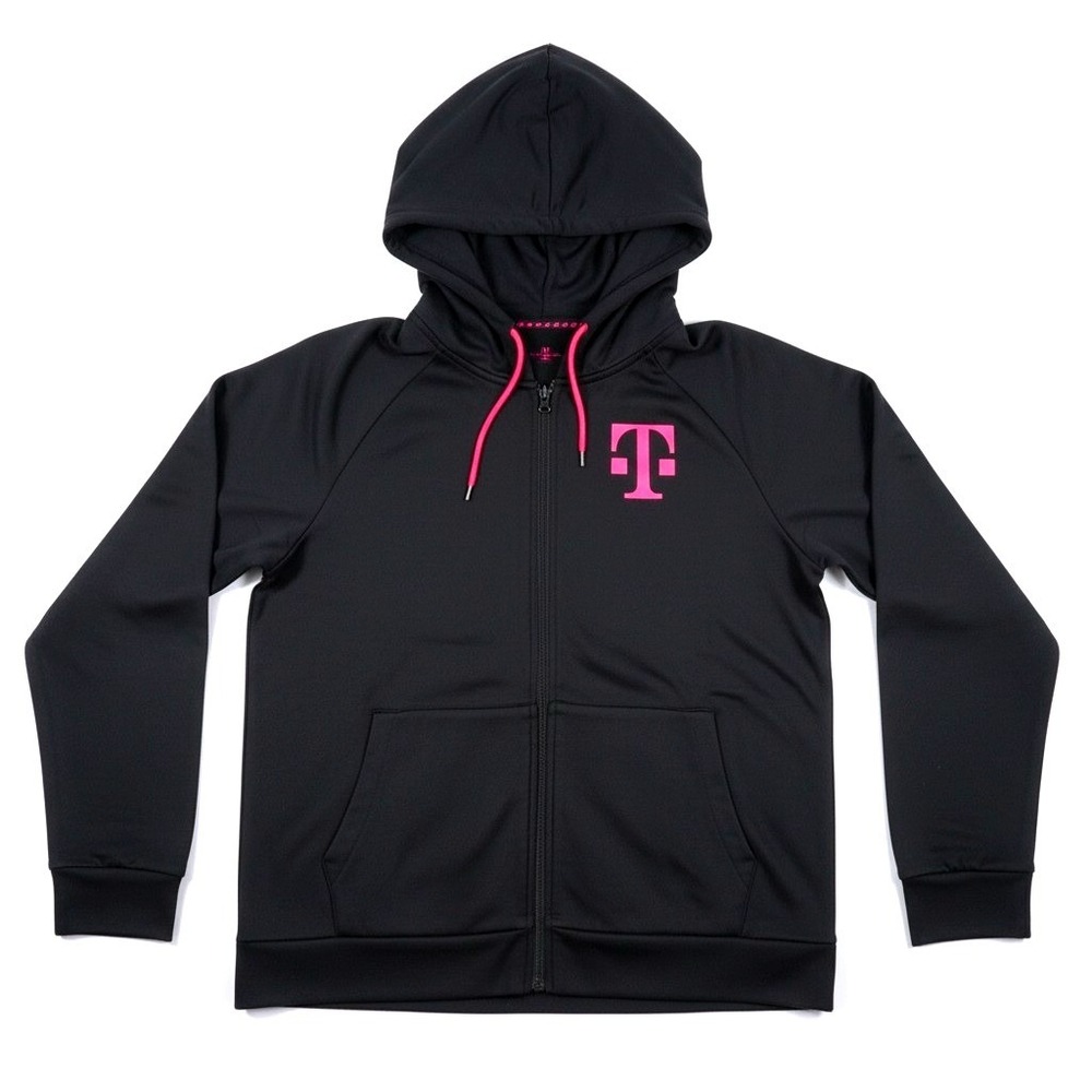 T-Mobile Womens Medium Full Zip Hoodie Polyester Black Magenta Thumbhole Logo - Picture 2 of 11